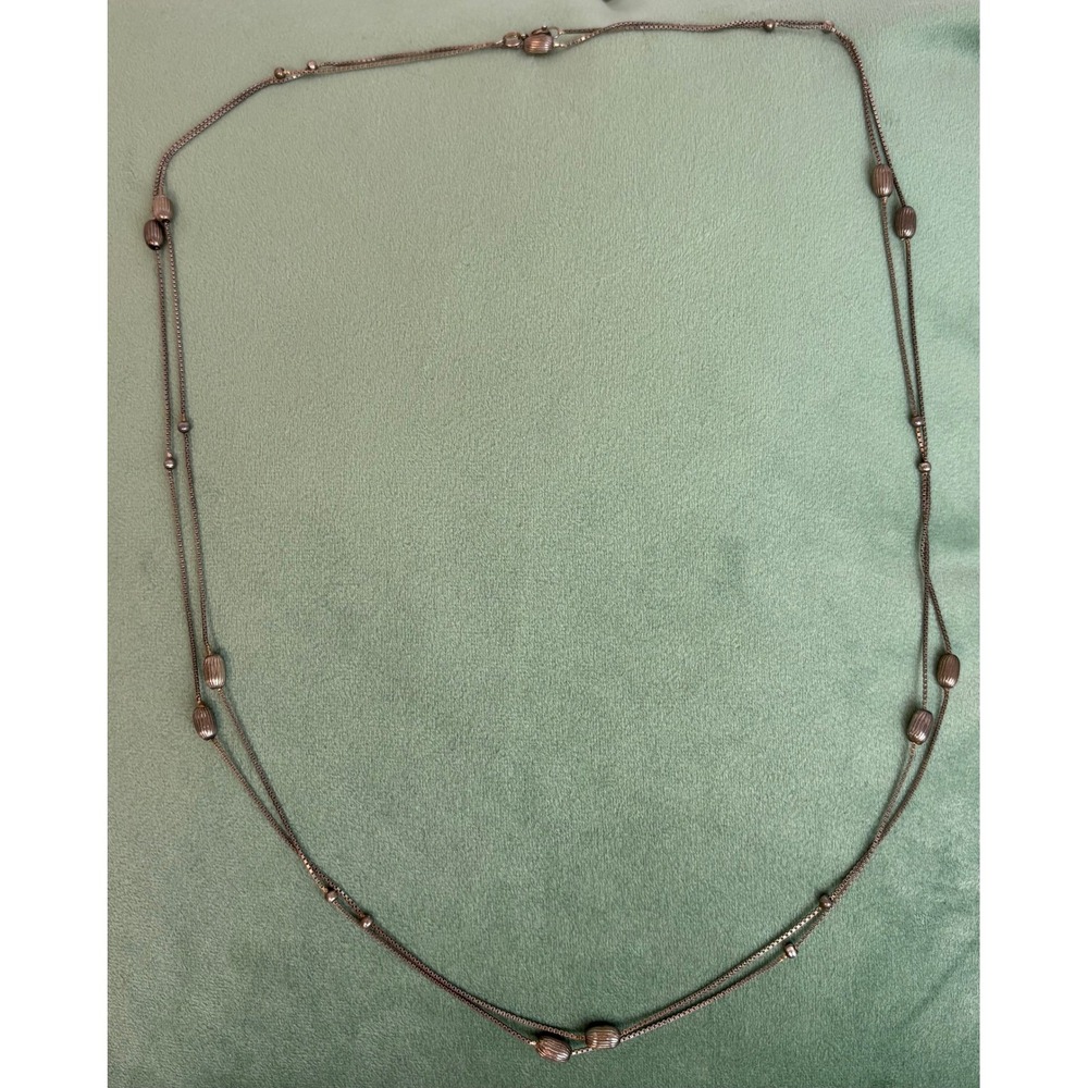 925 Italy Sterling Silver Double Strand Box Chain Necklace Oval Bead P193